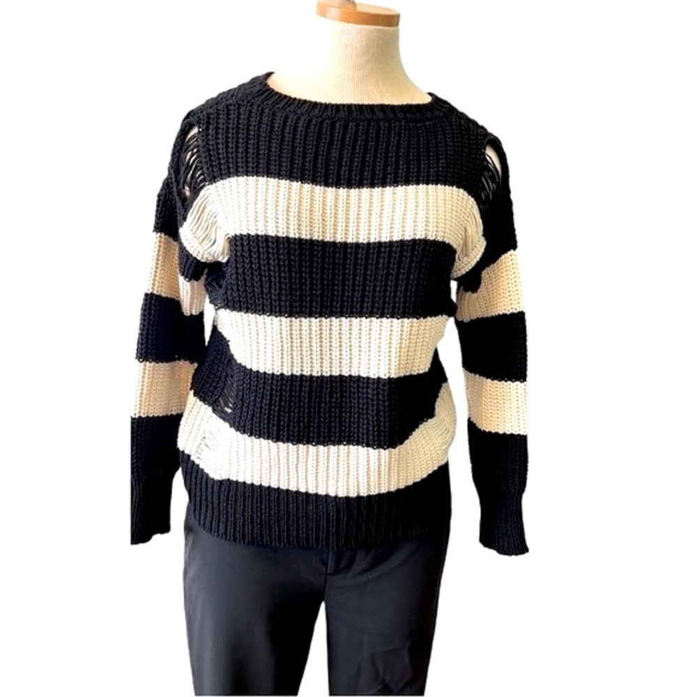 Sandro Stripe Distressed Knit Sweater, Black & Cream, size EU 2/Med, US 4-6 - Picture 2 of 16